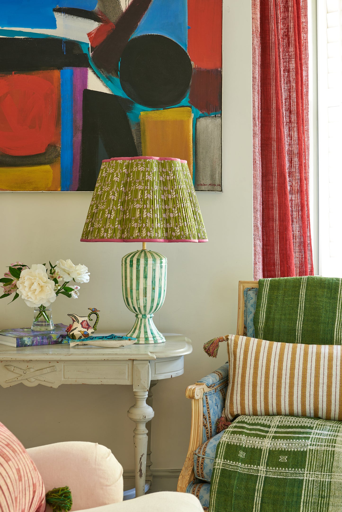 Pink Petal and Sketched Stripe Gold Cushion with Pink and Yellow Tassels