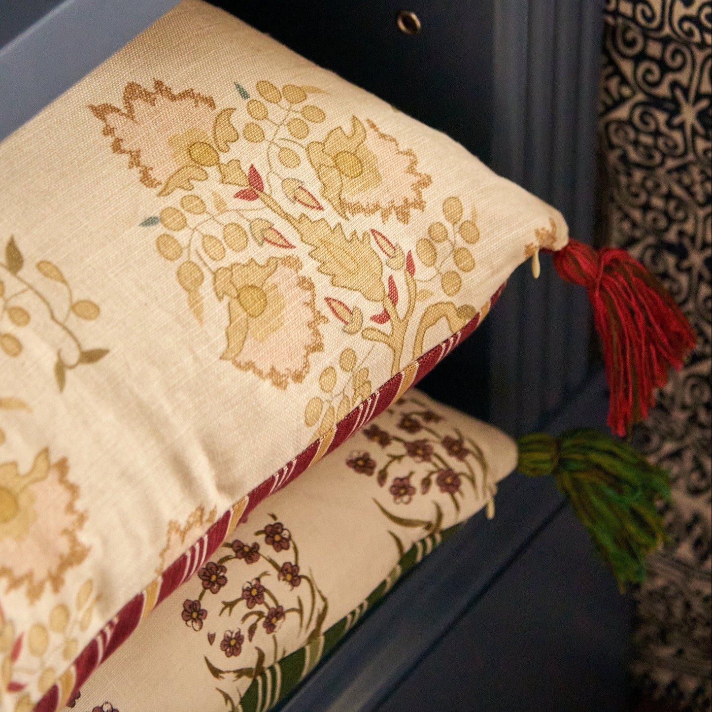Rumeli and Meknes Stripe Cranberry Old Gold Cushion with Red Tassels