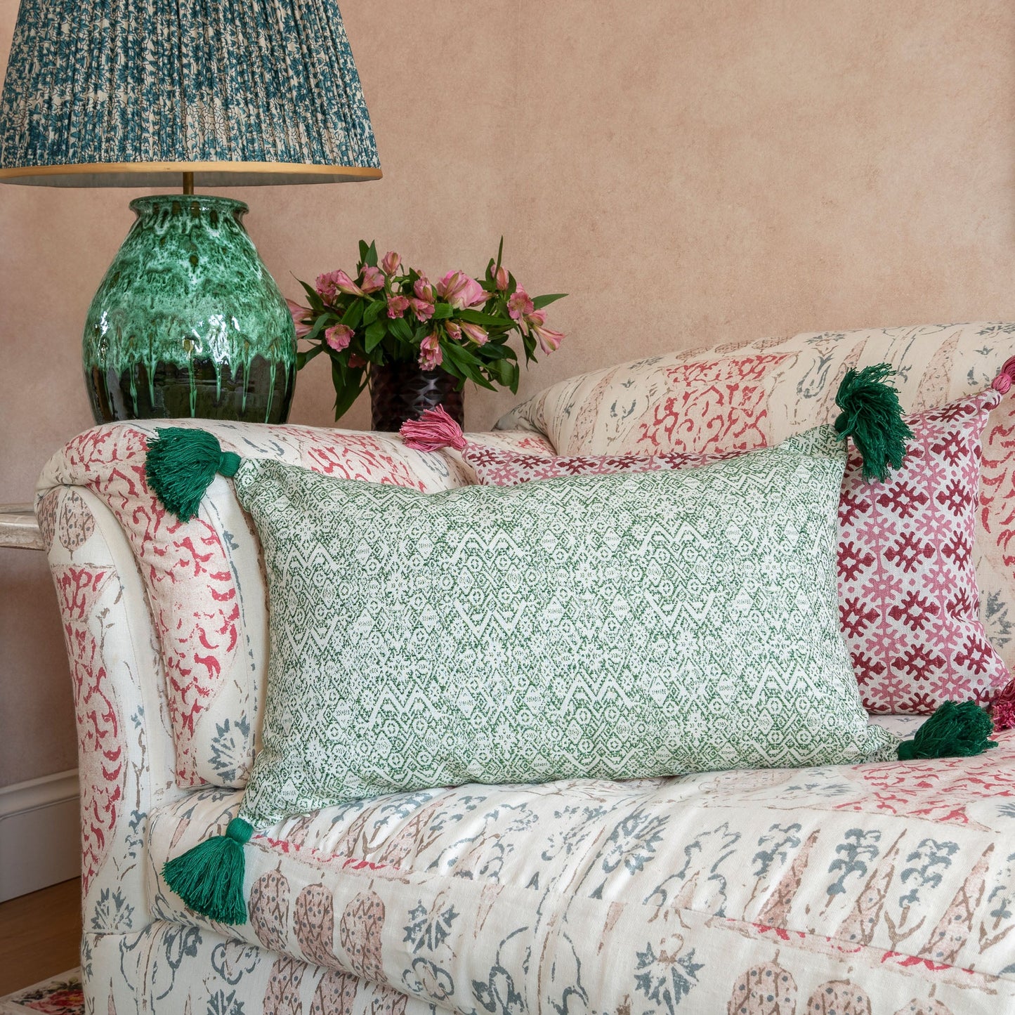 Diamond Ethnic Muskat & Indira Stripe Chocolate Cushion with Green Tassels