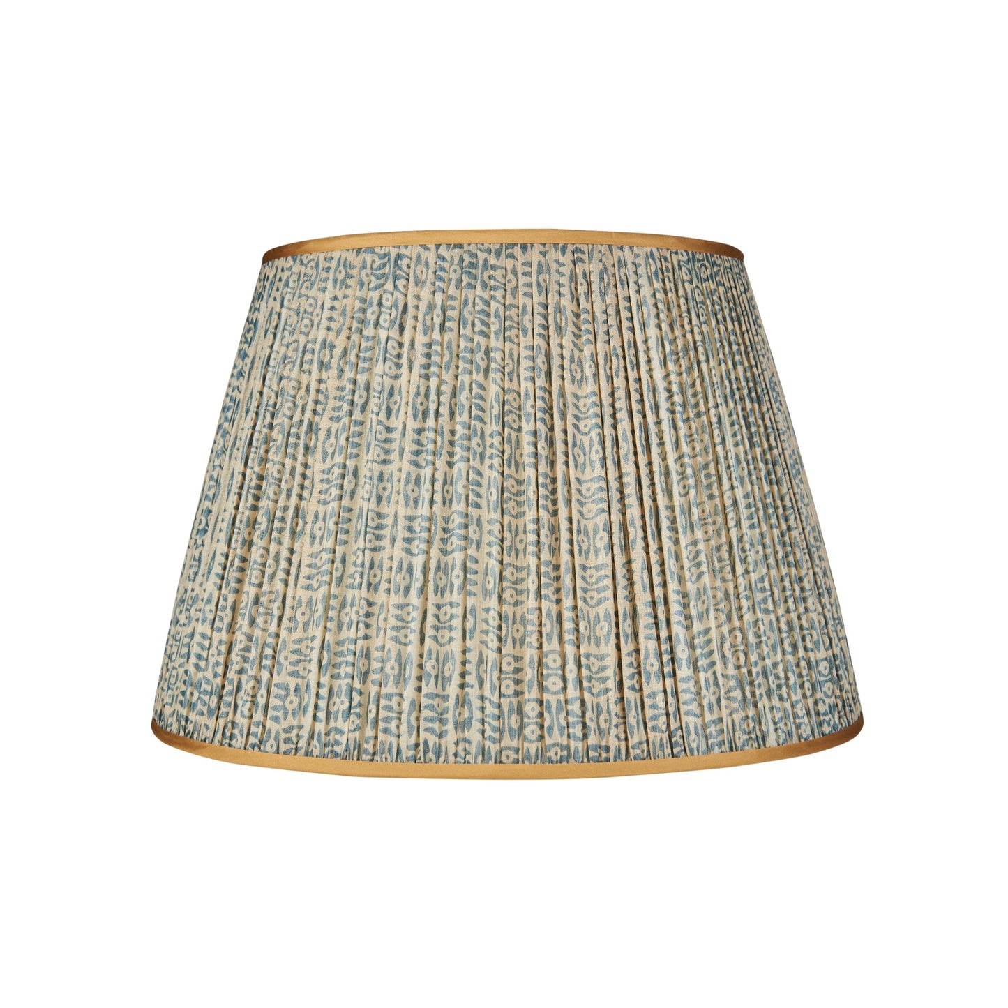 Blue on White Tribal Pleated Silk Lampshade with Gold Trim
