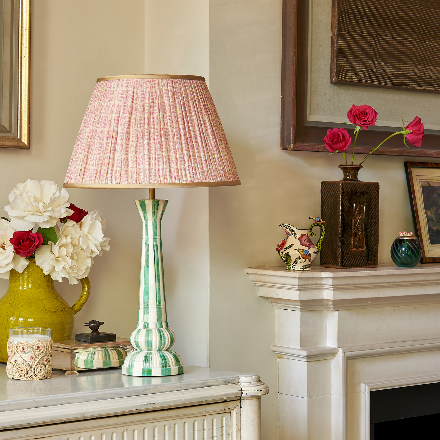 22" Pink on White Tribal Pleated Silk Lampshade with Gold Trim