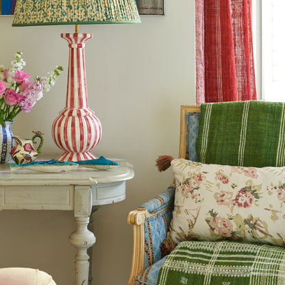 Pink Petal and Sketched Stripe Gold Cushion with Pink and Yellow Tassels