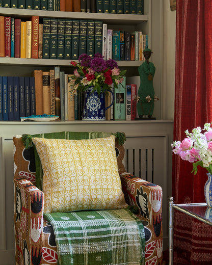 Buriam Light Blue and Ashok Yellow Cushion with Green Tassels
