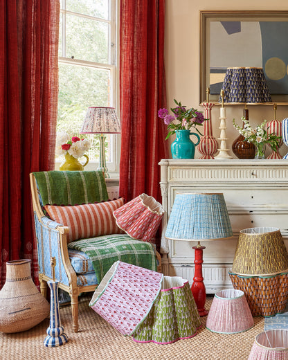 Ticking Stripe Ginger and Diamond Ethnic Nutmeg Cushion with Burgundy Wavy Trim