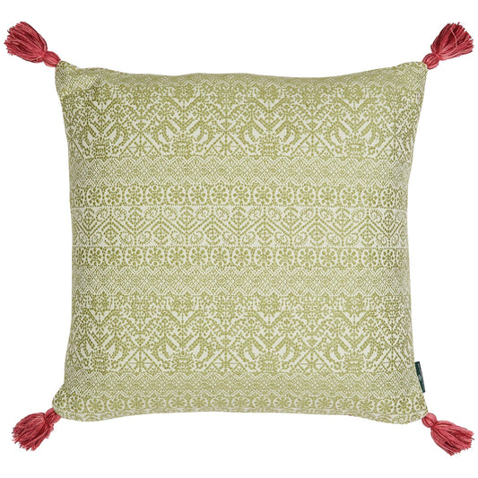 Buriam Lime and Ticking Stripe Rose Cushion with Pink Tassels