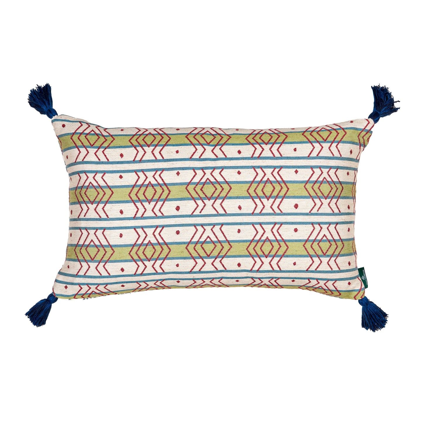 Azteca Stripe Leaf and Ashok Petrol Cushion with Blue Tassels
