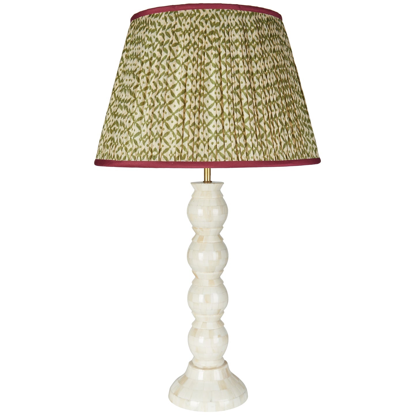 Green Trellis Pleated Silk Lampshade with Burgundy Trim
