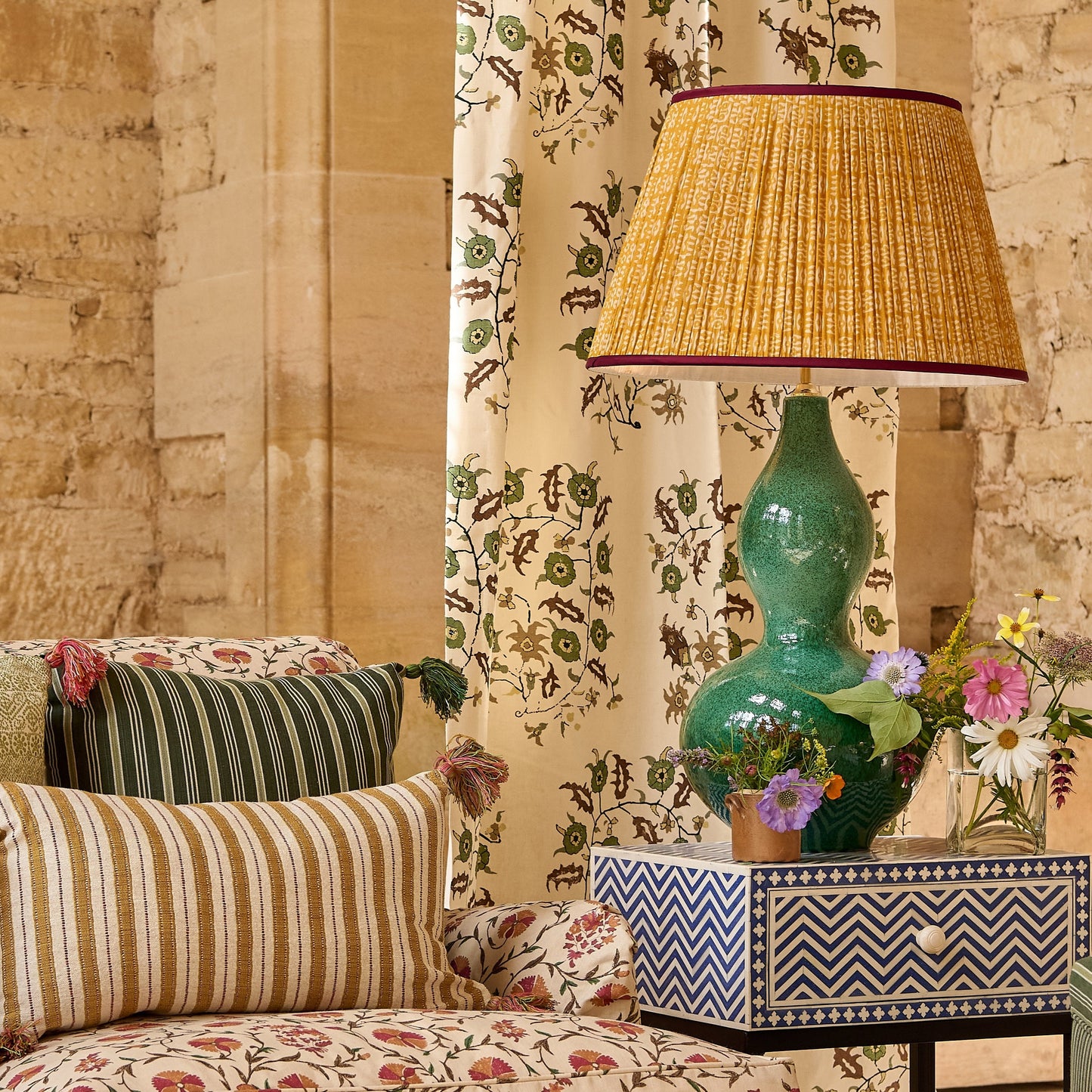 White on Yellow Tribal Pleated Silk Lampshade with Burgundy Trim