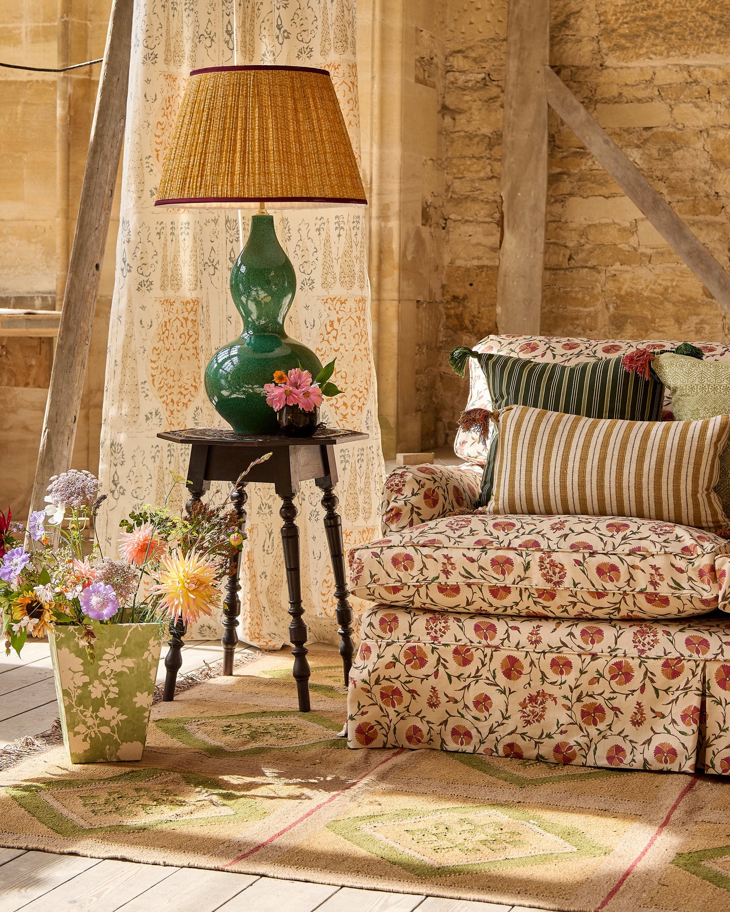 Green and Khaki Diamond Patterned Rug