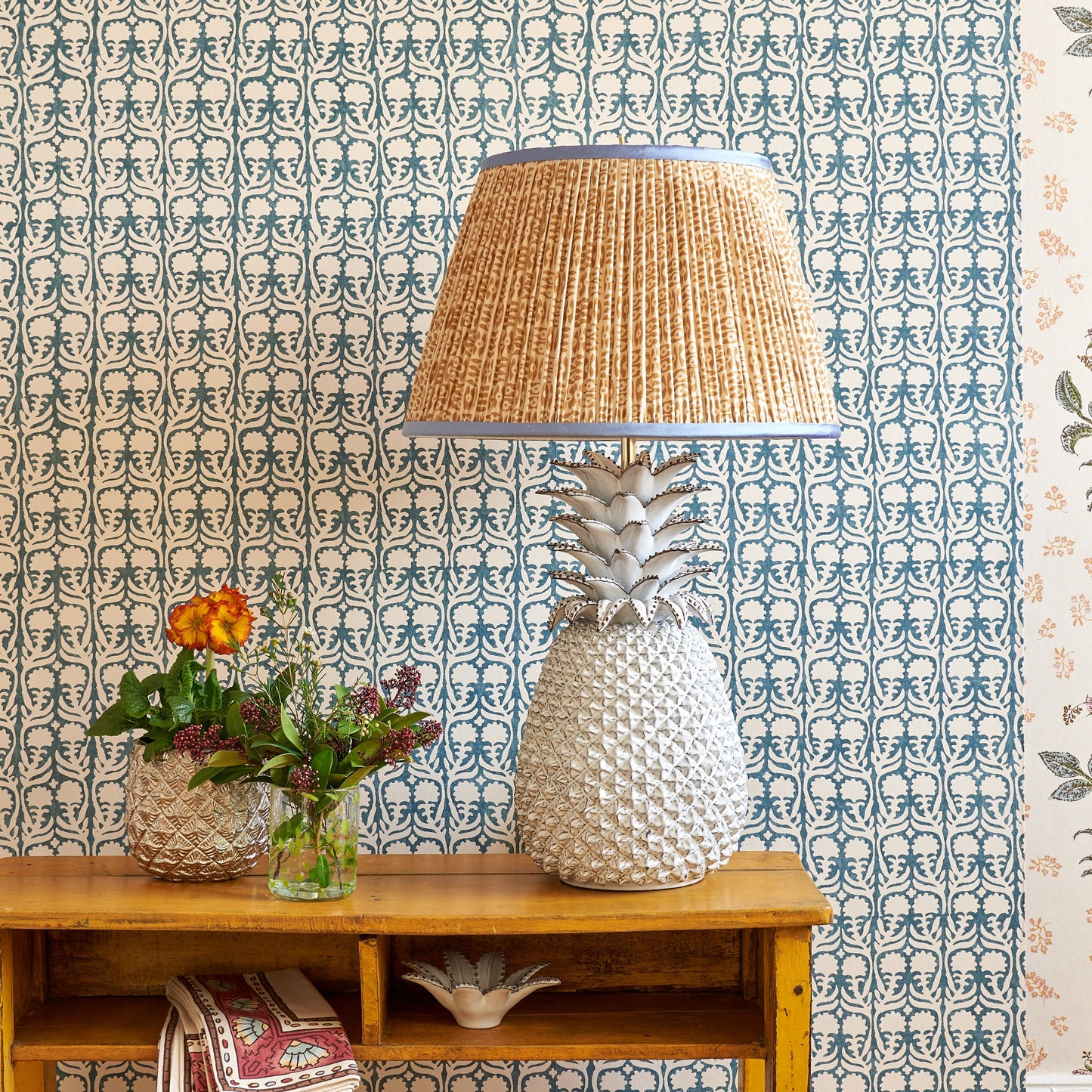 Cinnamon on White Tribal Pleated Silk Lampshade with Blue Trim