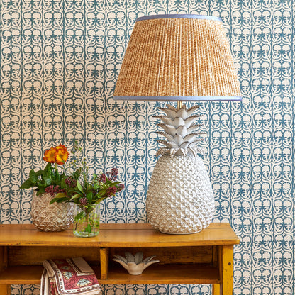 Cinnamon on White Tribal Pleated Silk Lampshade with Blue Trim
