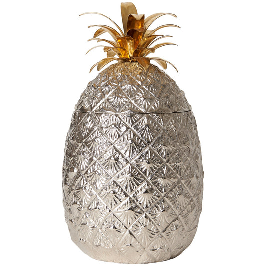 Large Silver-Plated Pineapple Ice Bucket with Brass Leaves