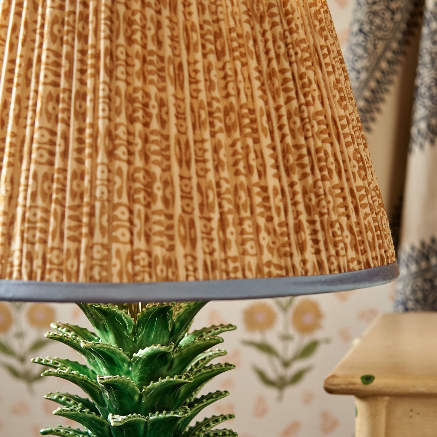 Cinnamon on White Tribal Pleated Silk Lampshade with Blue Trim