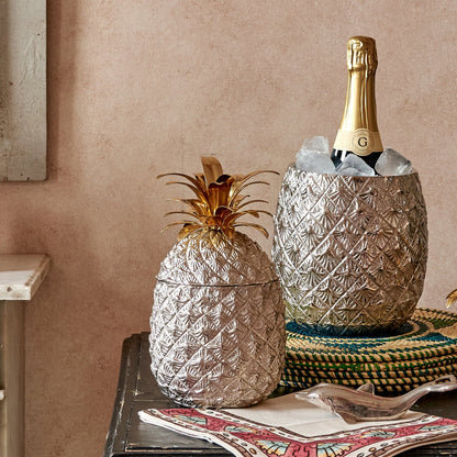 Small Silver-Plated Pineapple Ice Bucket with Brass Leaves