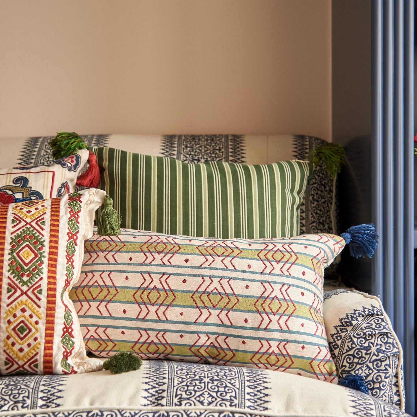 Kalindi Green Sienna and Meknes Stripe Pine Ivy Cushion with Green Tassels