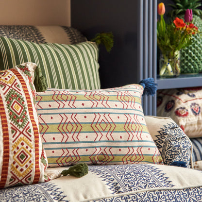 Azteca Stripe Leaf and Ashok Petrol Cushion with Blue Tassels