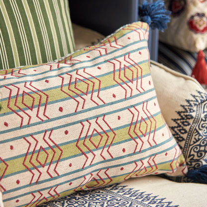 Azteca Stripe Leaf and Ashok Petrol Cushion with Blue Tassels