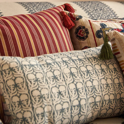 Azteca Stripe Leaf and Ashok Petrol Cushion with Blue Tassels