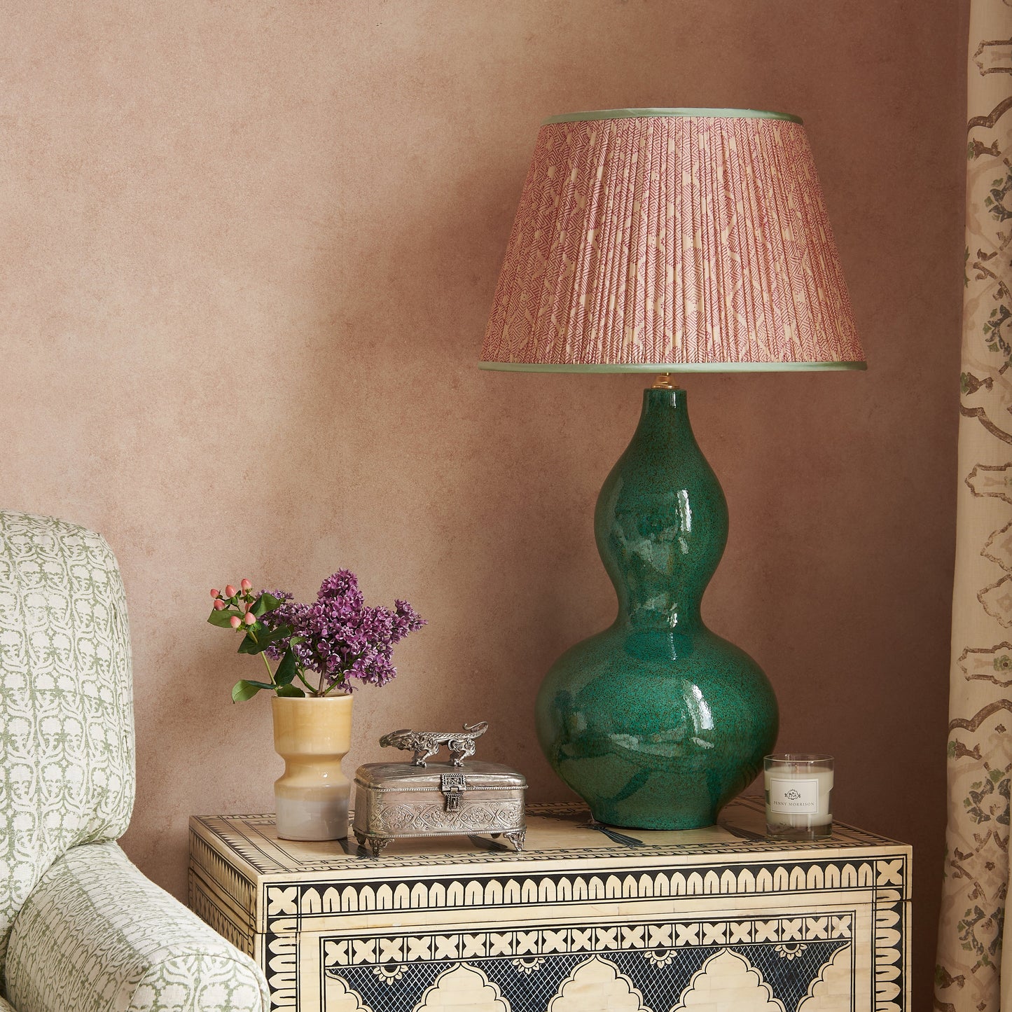 Pink Diamond Geometric Pleated Silk Lampshade with Mint Trim