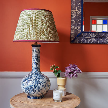 Green Trellis Pleated Silk Lampshade with Burgundy Trim