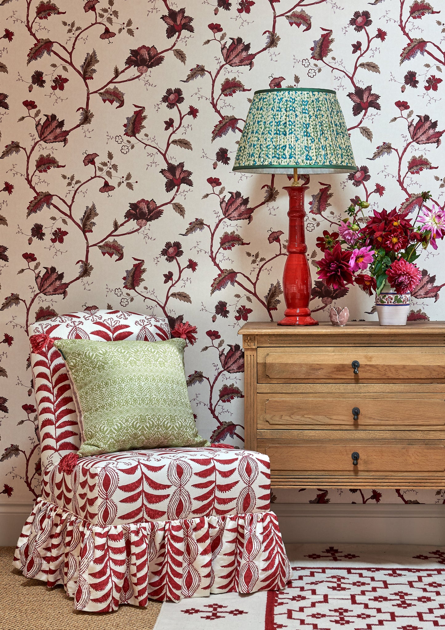 Buriam Lime and Ticking Stripe Rose Cushion with Pink Tassels