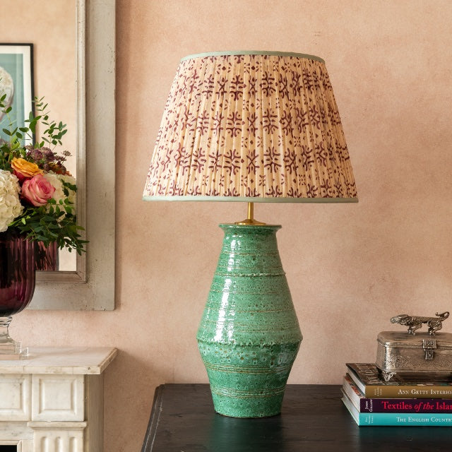 Penny-Morrison-Cream-and-Purple-Patterned-Pleated-Silk-Lampshade-with-Mint-Trim-Straight-Empire-Pleated-Gathered-Unique-Stylish-Colourful-Quirky- Patterned