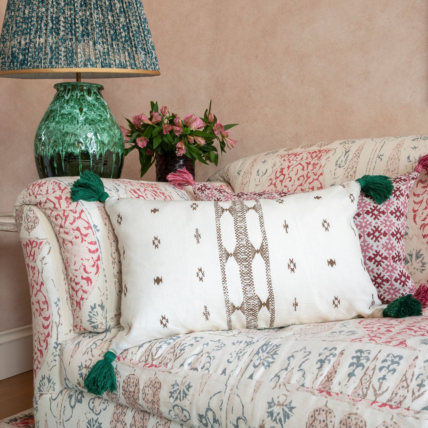 Diamond Ethnic Muskat & Indira Stripe Chocolate Cushion with Green Tassels