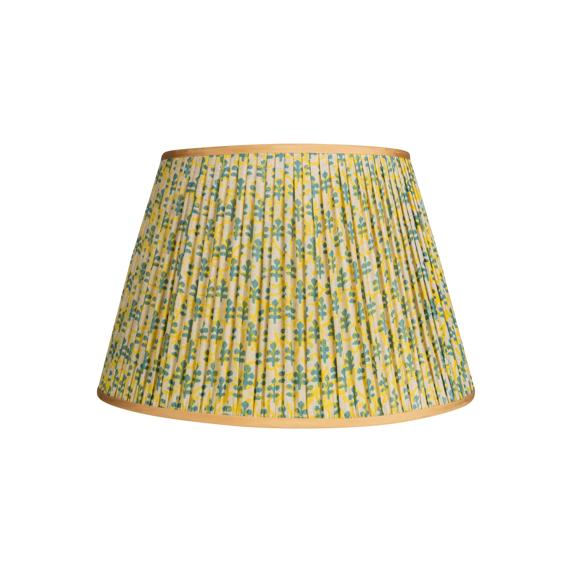 Penny-Morrison-Yellow-and-Green-Leaf-Pleated-Silk-Lampshade-with-Golden-Trim-Straight-Empire-Pleated-Gathered-Unique-Stylish-Colourful-Quirky-Yellow-Green-Floral