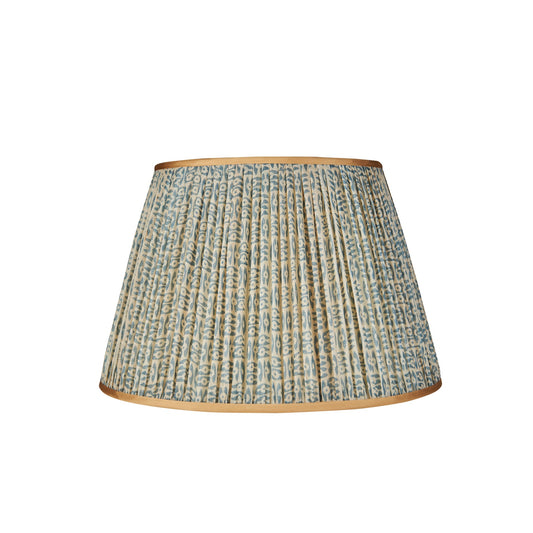 Blue on White Tribal Pleated Silk Lampshade with Gold Trim