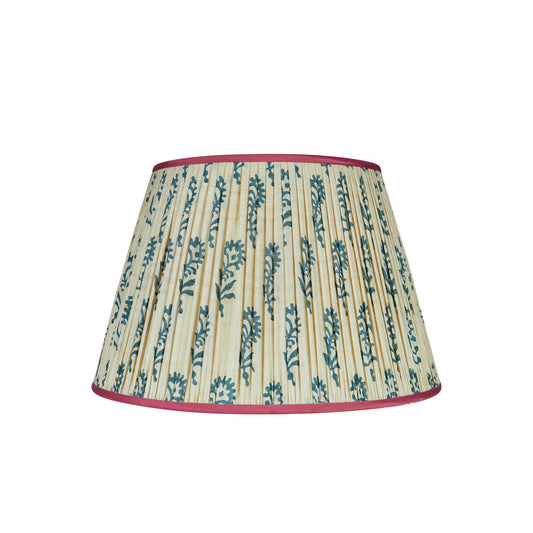 22" Blue Flower on Cream Pleated Silk Lampshade with Pink Trim