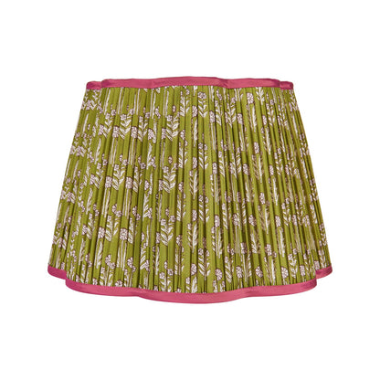 Pink on Green Marigold Pleated Silk Scalloped Lampshade with Pink Trim