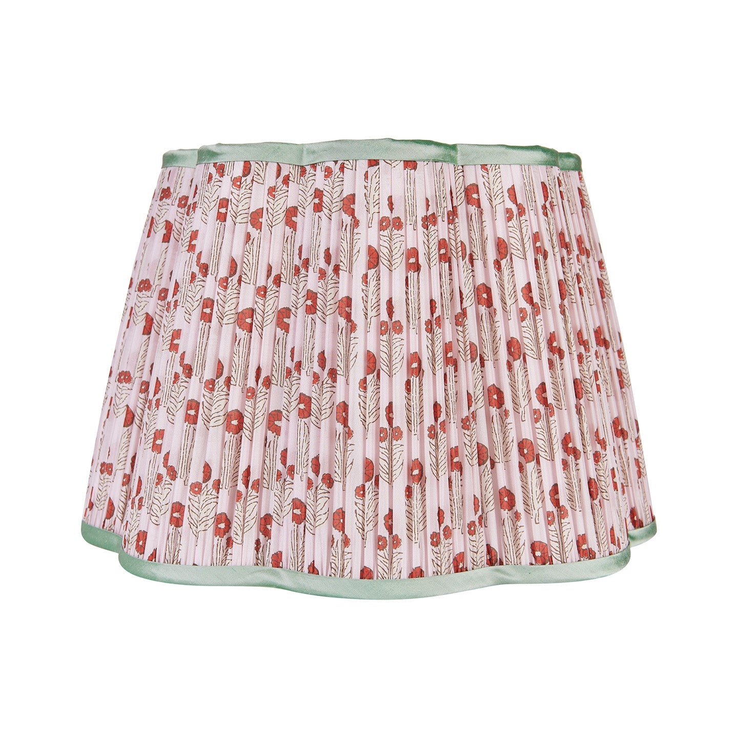 Red on Pink Marigold Pleated Silk Scalloped Lampshade with Mint Trim