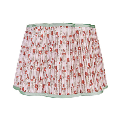 Red on Pink Marigold Pleated Silk Scalloped Lampshade with Mint Trim